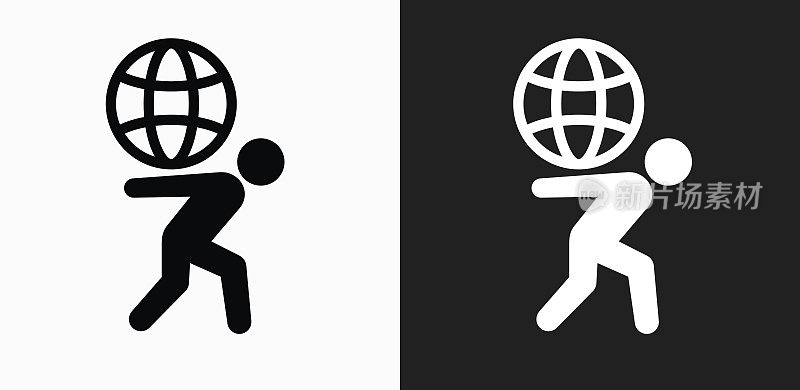 Stick Figure Carrying Globe Icon on Black and White Vector background的翻译结果